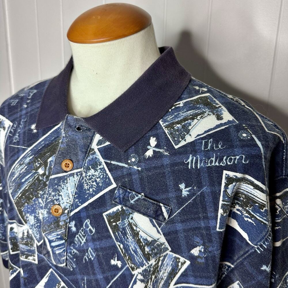 Vintage Orvis - Mens XL oversized - Blue Photo Collage Fly Fishing Polo Shirt